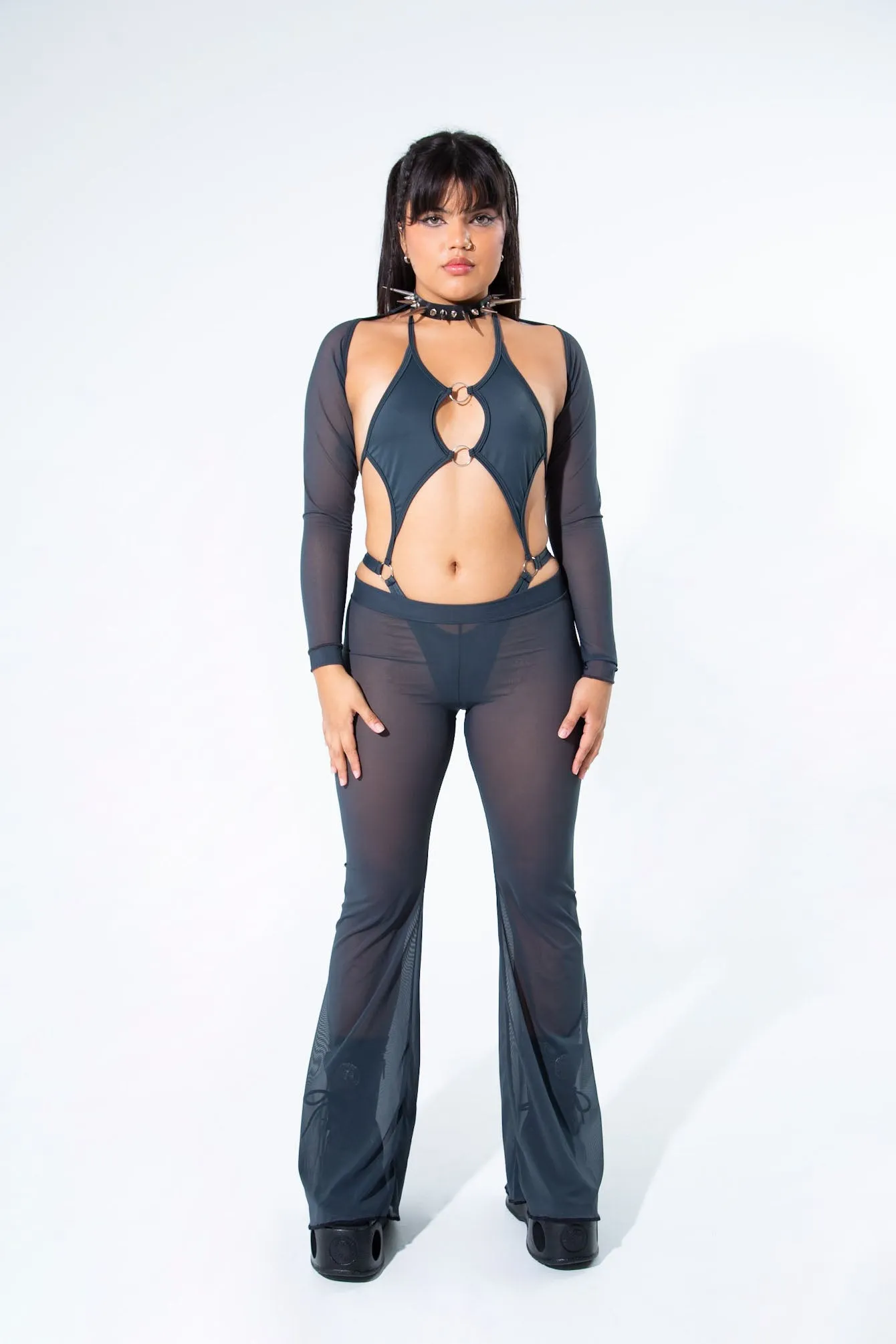 Charcoal Mesh Bell Bottom Pants