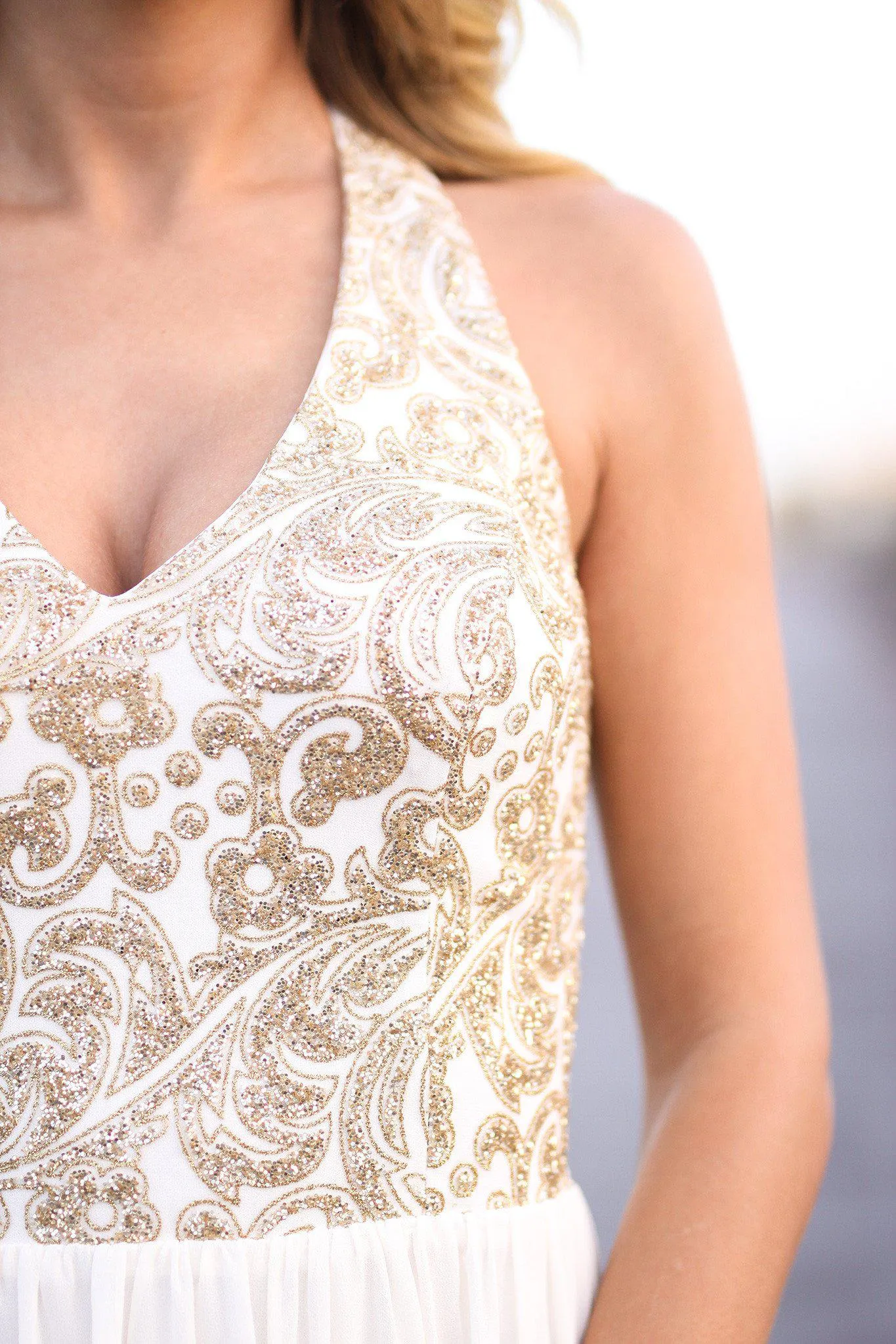 Cream and Gold Halter Neck Maxi Dress