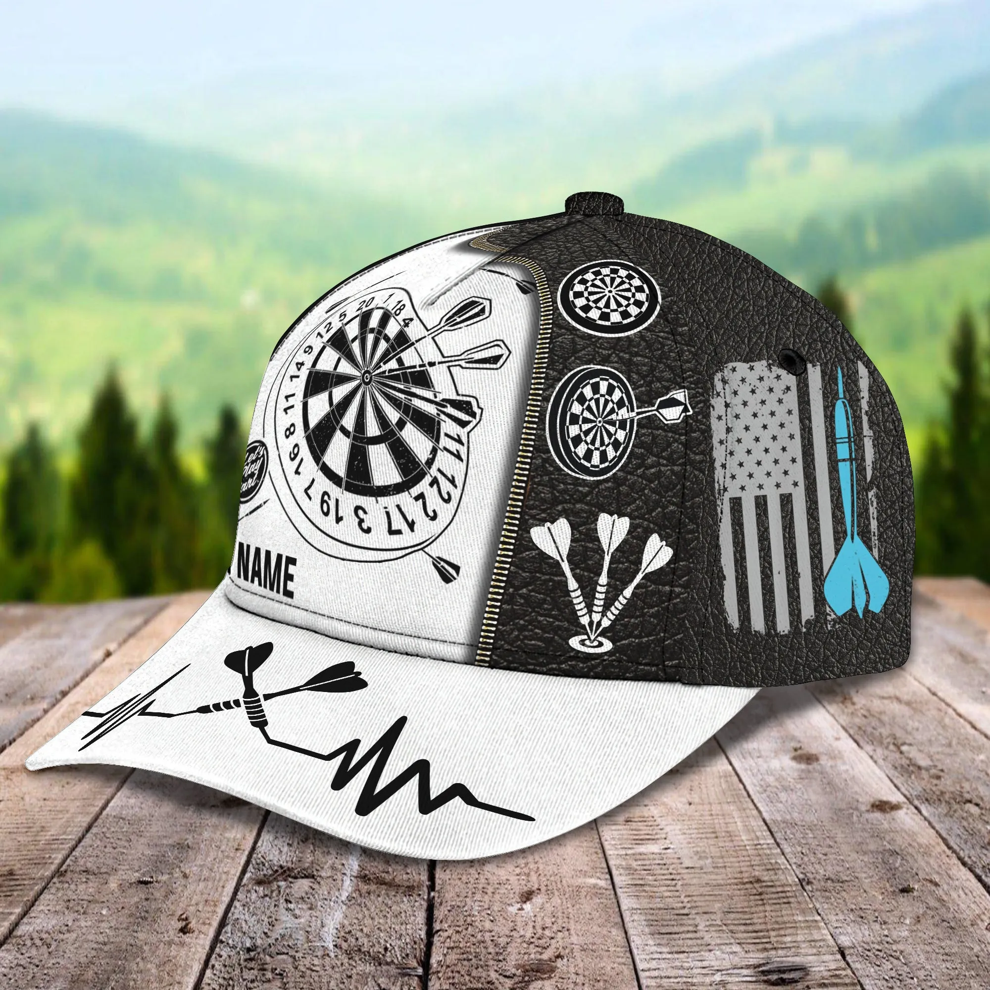 Customized Darts 3D Baseball Cap for Men and Women, Black White Dartboard, Dart and Beer Cap