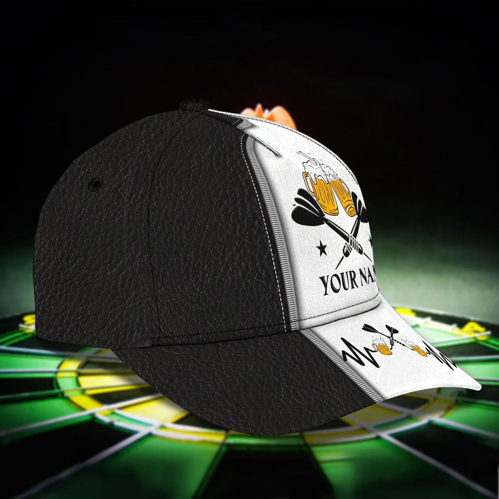 Customized Darts 3D Baseball Cap for Men and Women, Black White Dartboard, Dart and Beer Cap