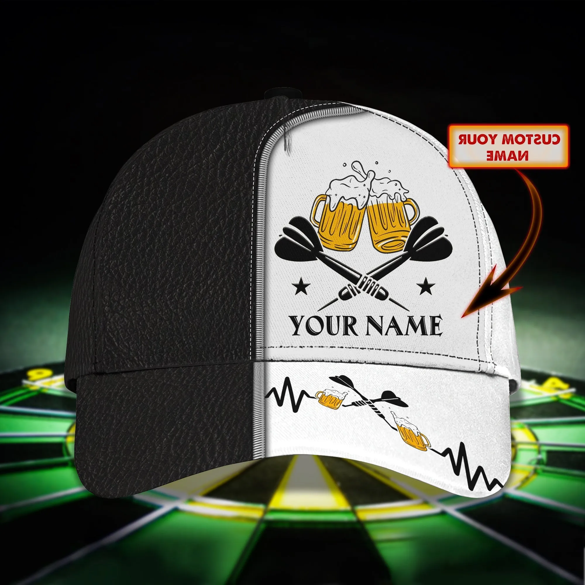 Customized Darts 3D Baseball Cap for Men and Women, Black White Dartboard, Dart and Beer Cap