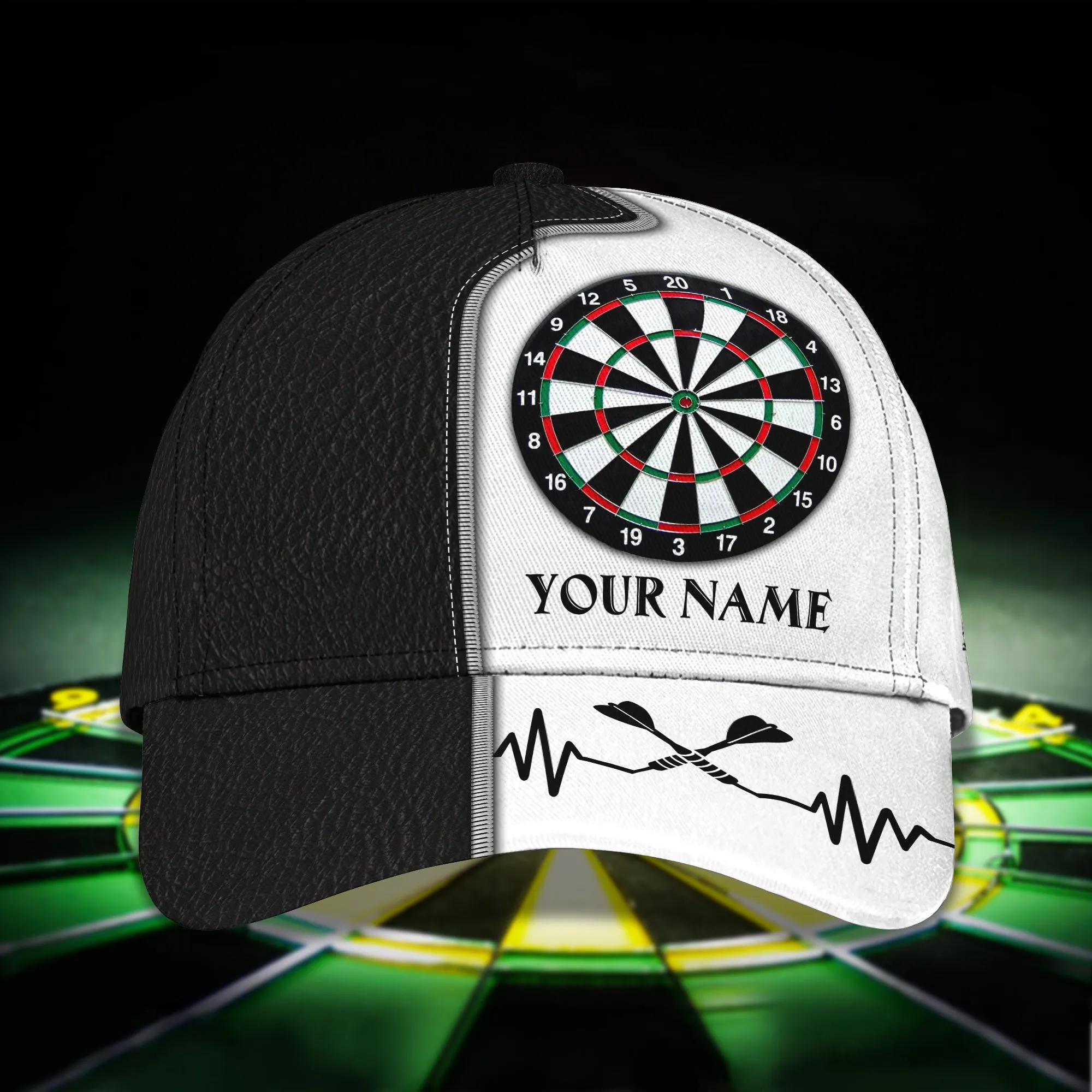 Customized Darts 3D Baseball Cap for Men and Women, Black White Dartboard, Dart and Beer Cap