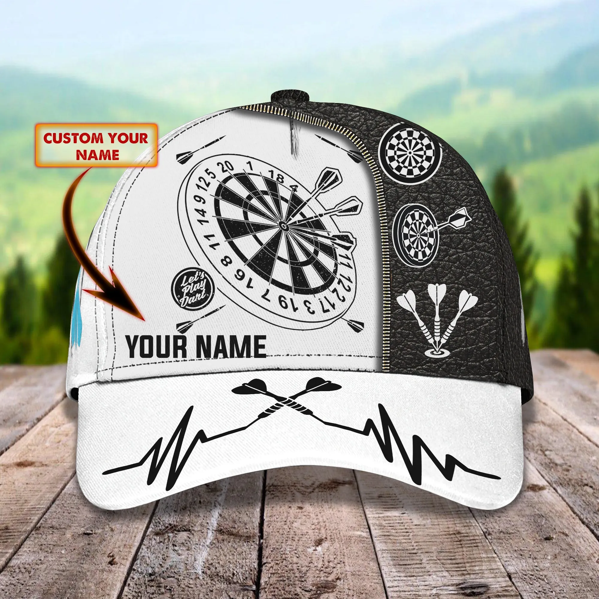 Customized Darts 3D Baseball Cap for Men and Women, Black White Dartboard, Dart and Beer Cap