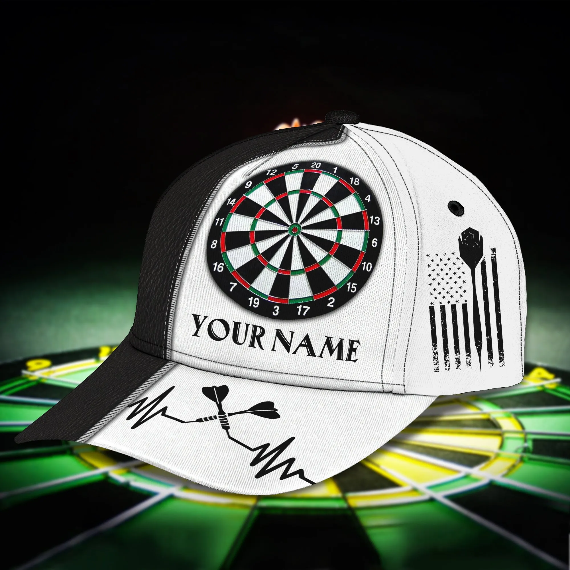 Customized Darts 3D Baseball Cap for Men and Women, Black White Dartboard, Dart and Beer Cap