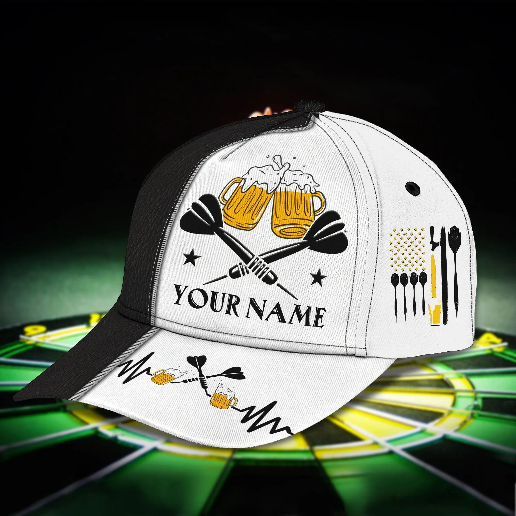 Customized Darts 3D Baseball Cap for Men and Women, Black White Dartboard, Dart and Beer Cap