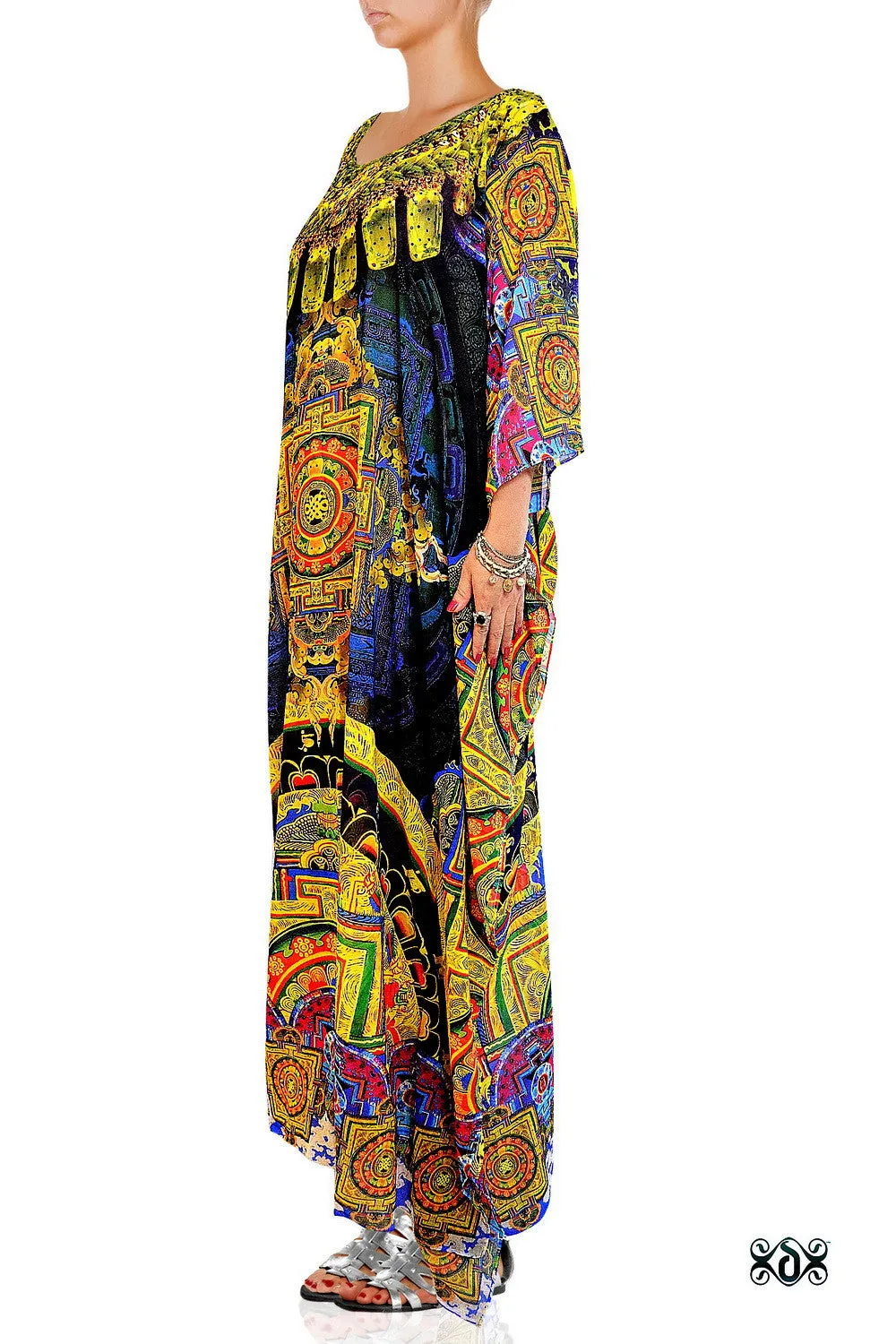 Devarshy Navy Artistic Tibetan Thangka Crystals Embellished Long Kaftan - 1065B