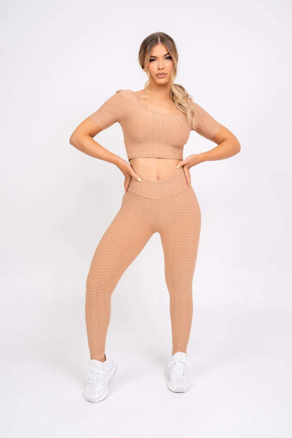 Dion Sand Honeycomb Sports Cropped Top & leggings Co-ord Fitness Set