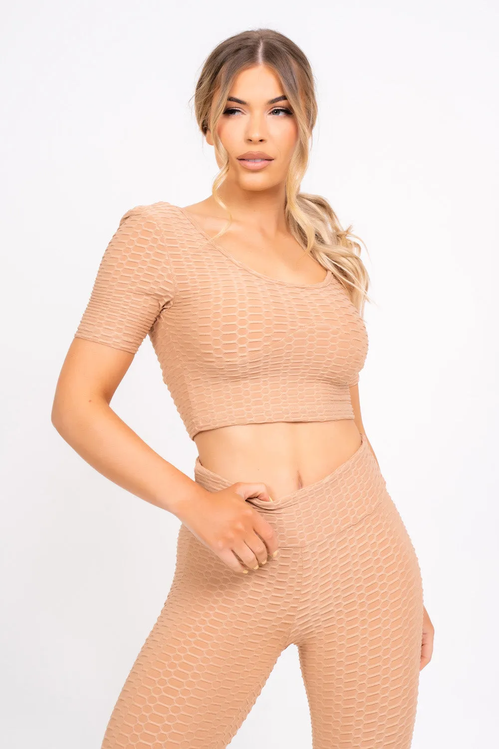 Dion Sand Honeycomb Sports Cropped Top & leggings Co-ord Fitness Set