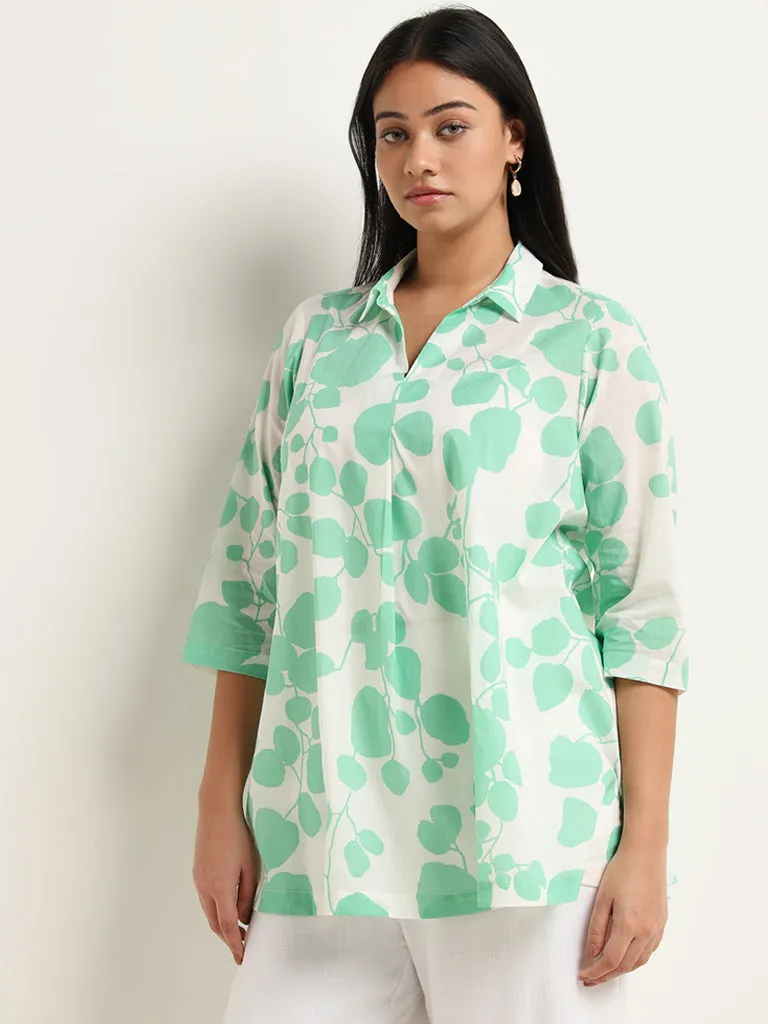 Diza Light Green Foliage Printed Straight Cotton Kurti