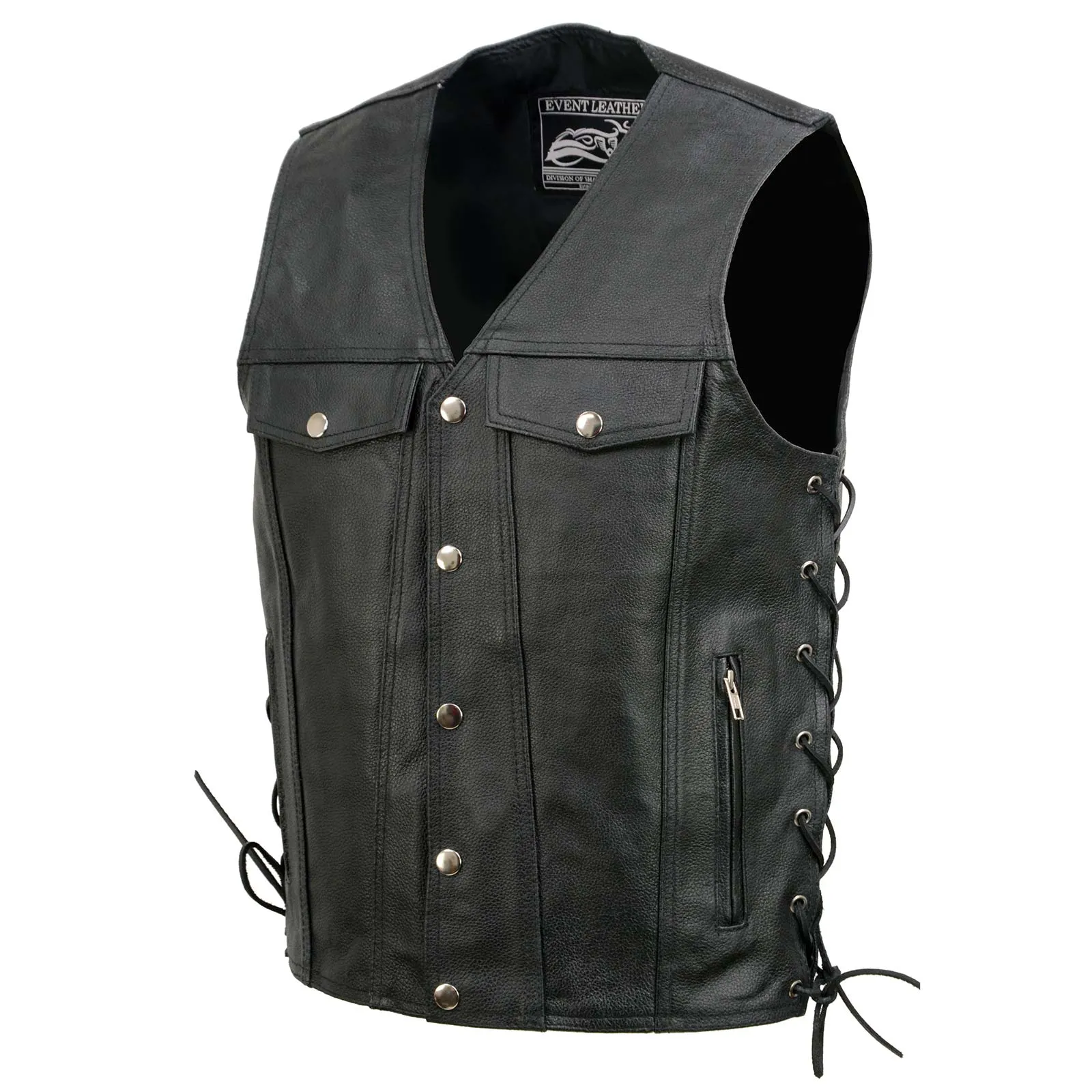 Event Leather EL5360 Black Motorcycle Leather Vest with Denim Style Pockets -Riding Club Adult Vests