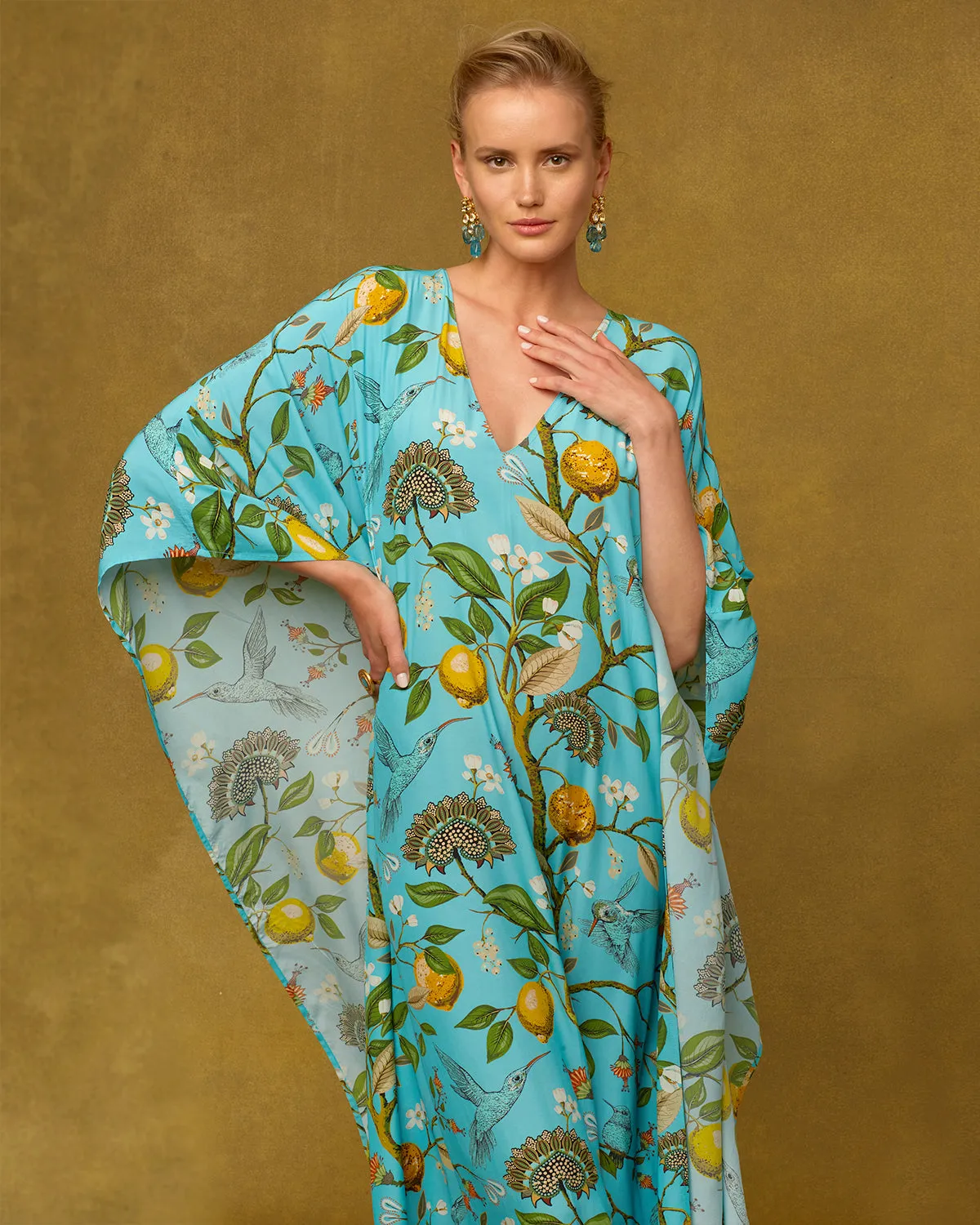 Flora Kaftan in Turquoise Hummingbird Print