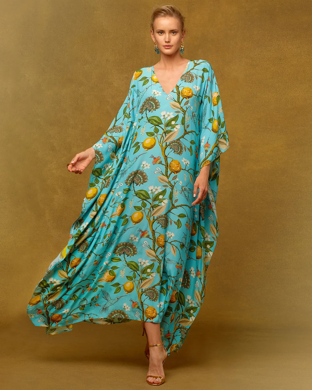 Flora Kaftan in Turquoise Hummingbird Print