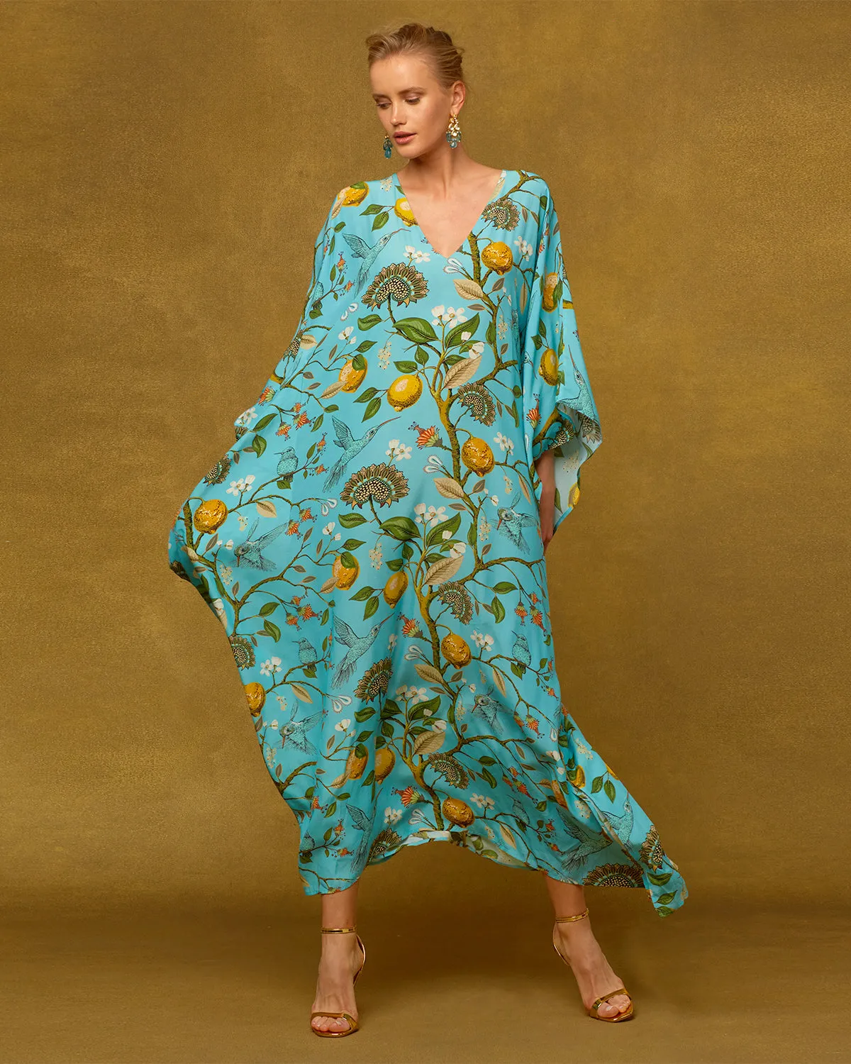 Flora Kaftan in Turquoise Hummingbird Print