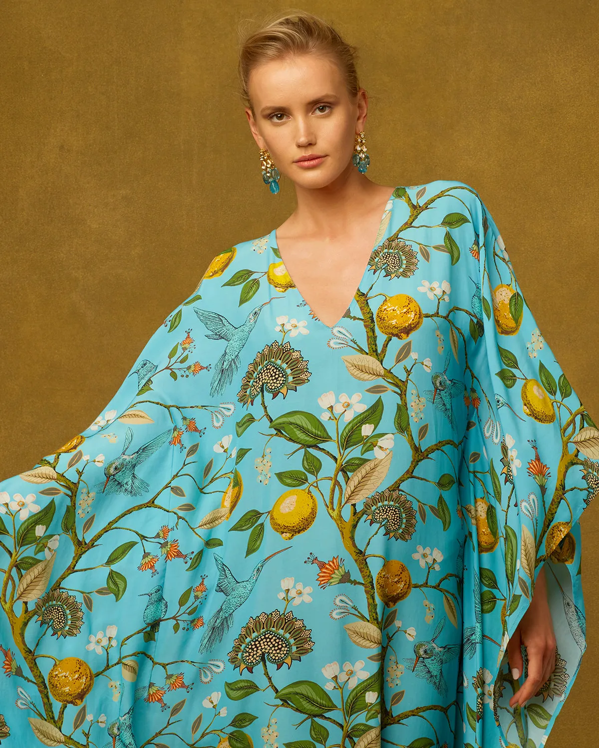 Flora Kaftan in Turquoise Hummingbird Print