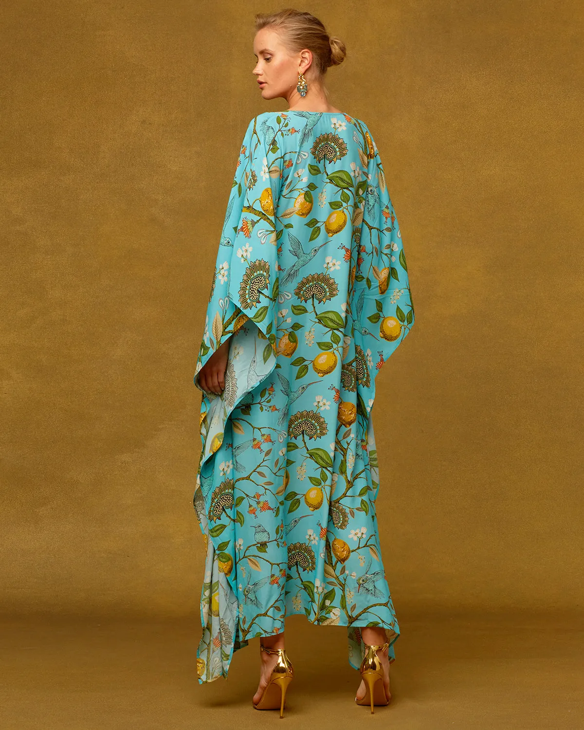 Flora Kaftan in Turquoise Hummingbird Print