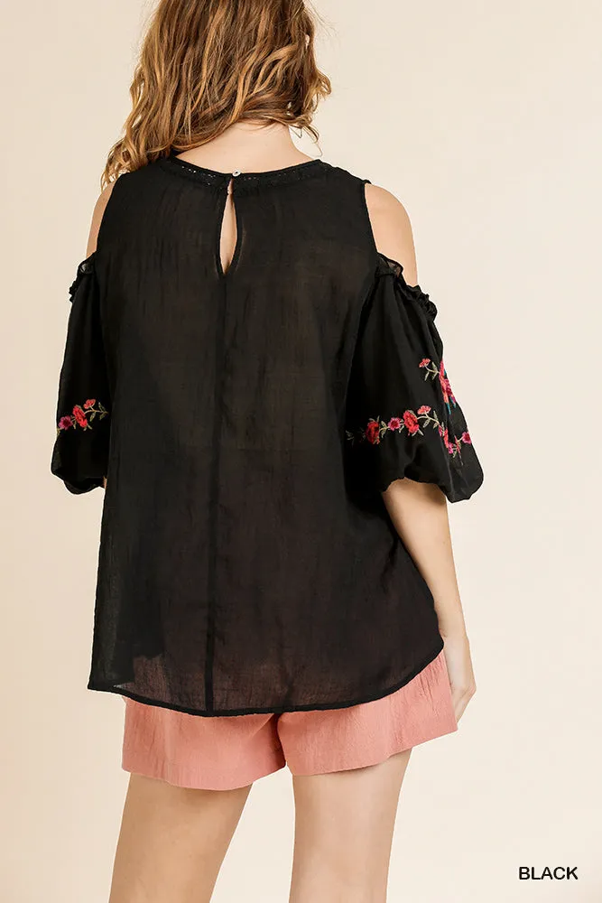 Floral Embroidered Peasant Top, Black