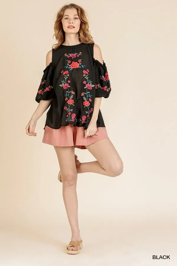 Floral Embroidered Peasant Top, Black