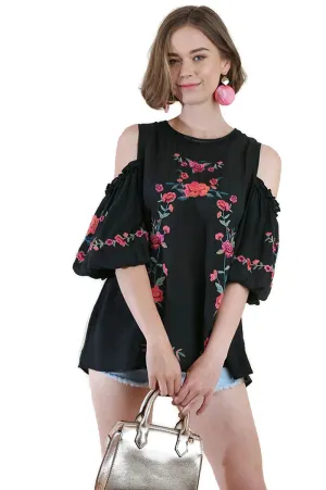 Floral Embroidered Peasant Top, Black