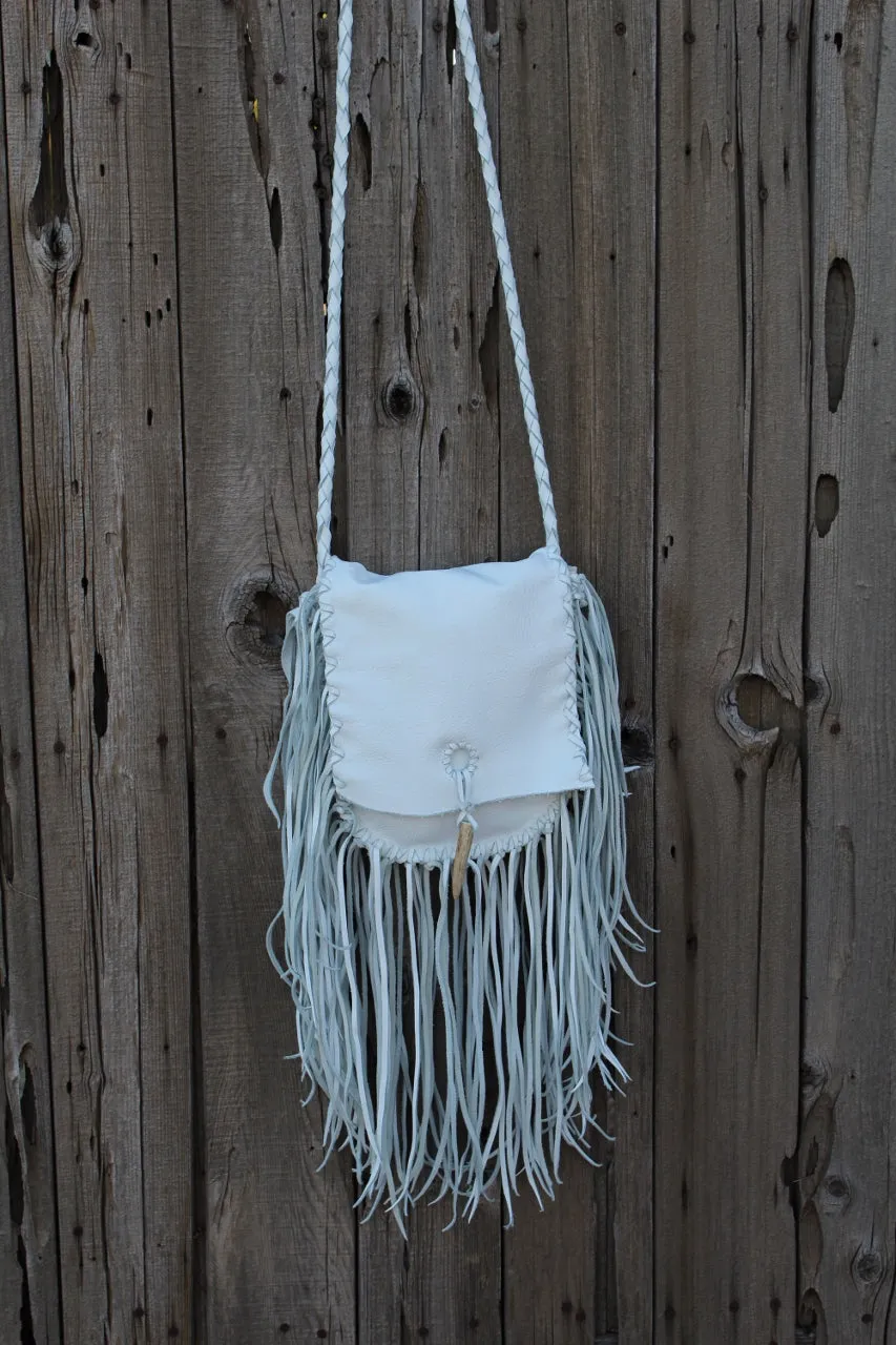 Fringed white leather handbag, boho style purse, leather bag