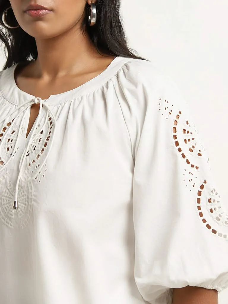 Gia White Cut-Out Detailed Cotton Blouse