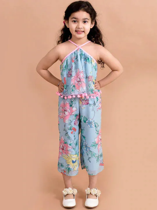 Girls Blue Pink Printed Cotton Halter Neck Umpsuit