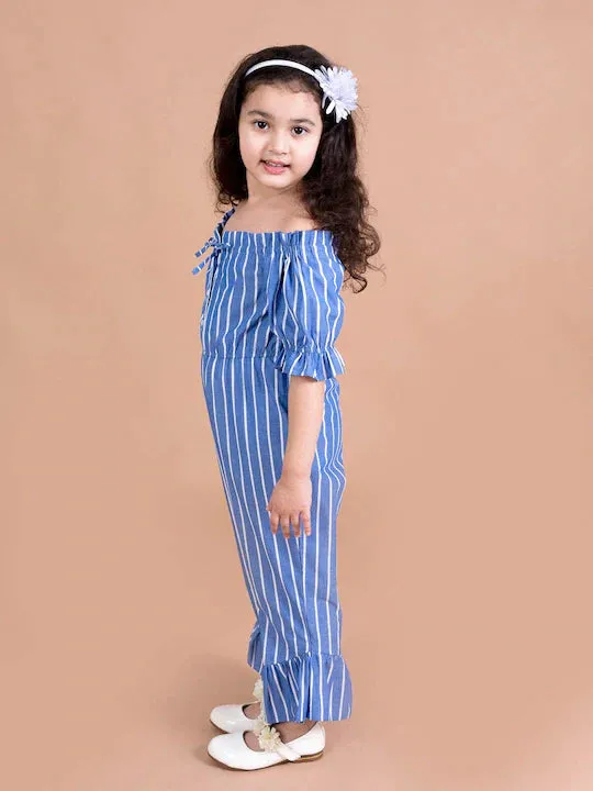 Girls Blue White Off-Shoulder Striped Basic Jumpsuit