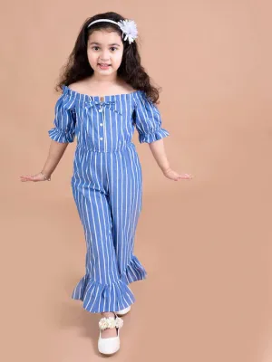 Girls Blue White Off-Shoulder Striped Basic Jumpsuit