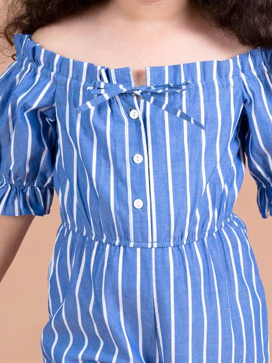 Girls Blue White Off-Shoulder Striped Basic Jumpsuit