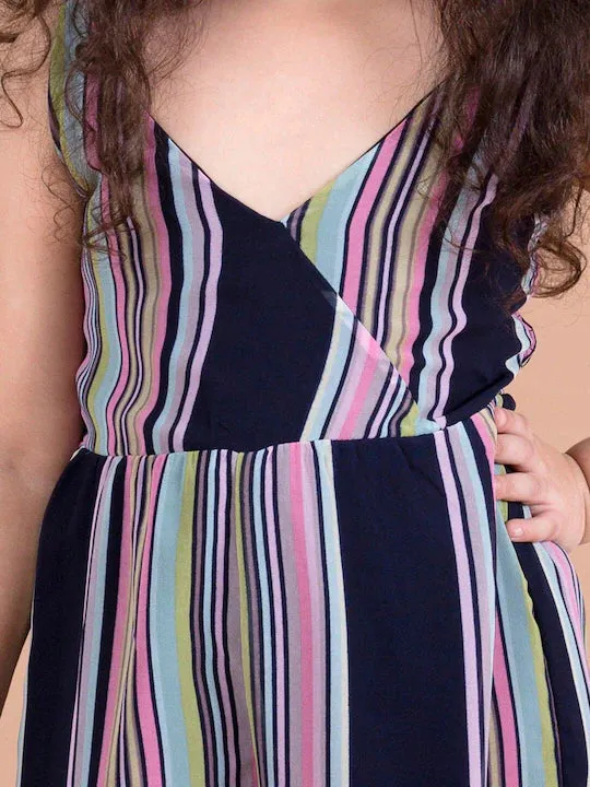 Girls Navy Blue Pink Striped Basic Jumpsuit