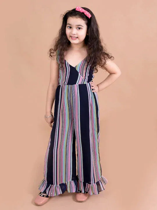 Girls Navy Blue Pink Striped Basic Jumpsuit