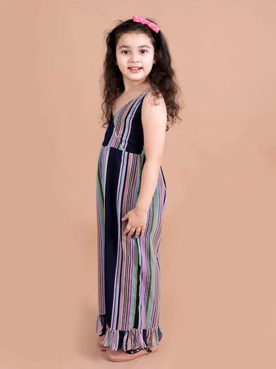 Girls Navy Blue Pink Striped Basic Jumpsuit