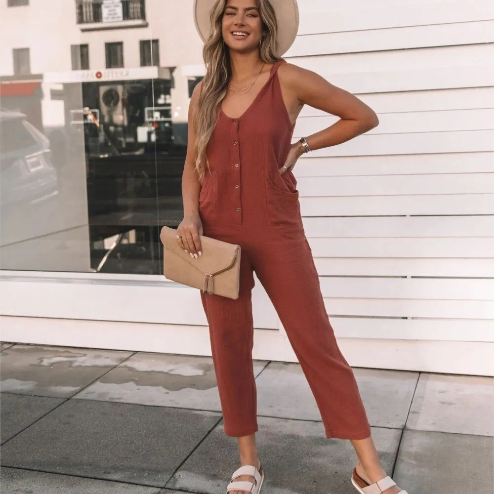 Graduation Gifts 2022 Speing Summer New Fashion Casual Ladies Botton Pocket Jumpsuit Solid Sleeveless High Waist Loose Women's One-piece Pants