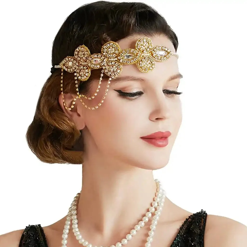 Great Gatsby 1920's Flapper Bridal Feather Headdress Fancy Dress - Gold (Style 32)