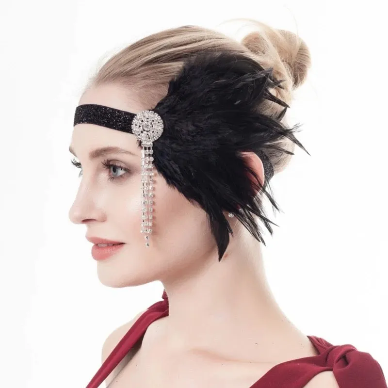 Great Gatsby 1920's Flapper Feather Headdress Fancy Dress - Black (Style 14)