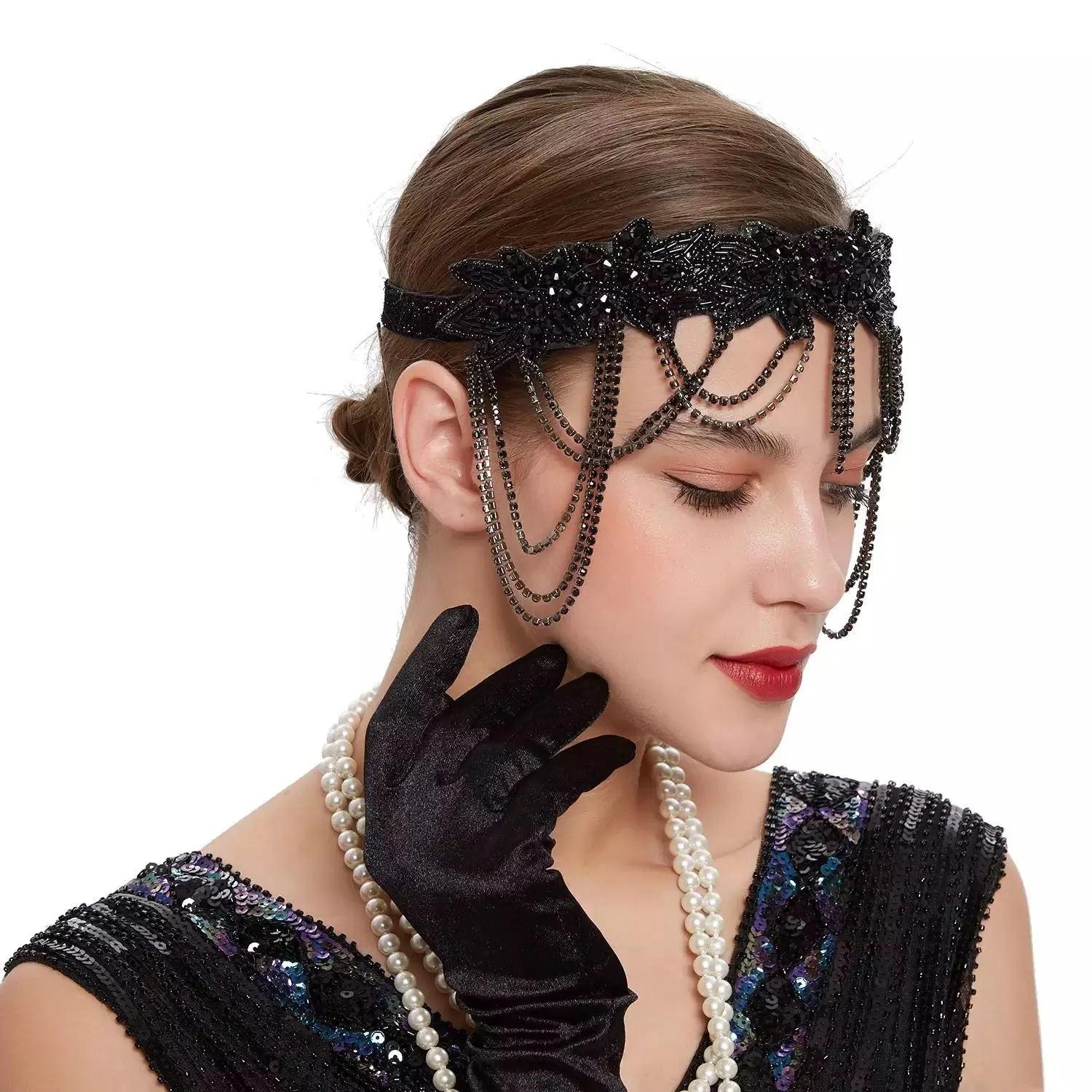 Great Gatsby 1920's Flapper Feather Headdress Fancy Dress - Black (Style 27)