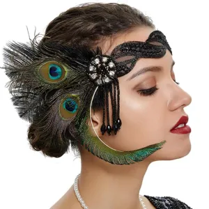 Great Gatsby 1920's Flapper Feather Headdress Fancy Dress - Natural Peacock (Style 9)