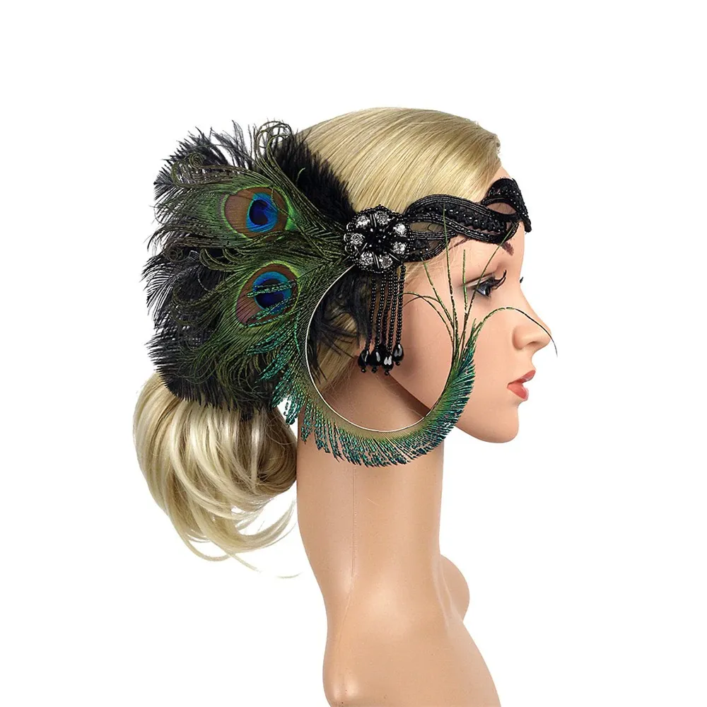 Great Gatsby 1920's Flapper Feather Headdress Fancy Dress - Natural Peacock (Style 9)