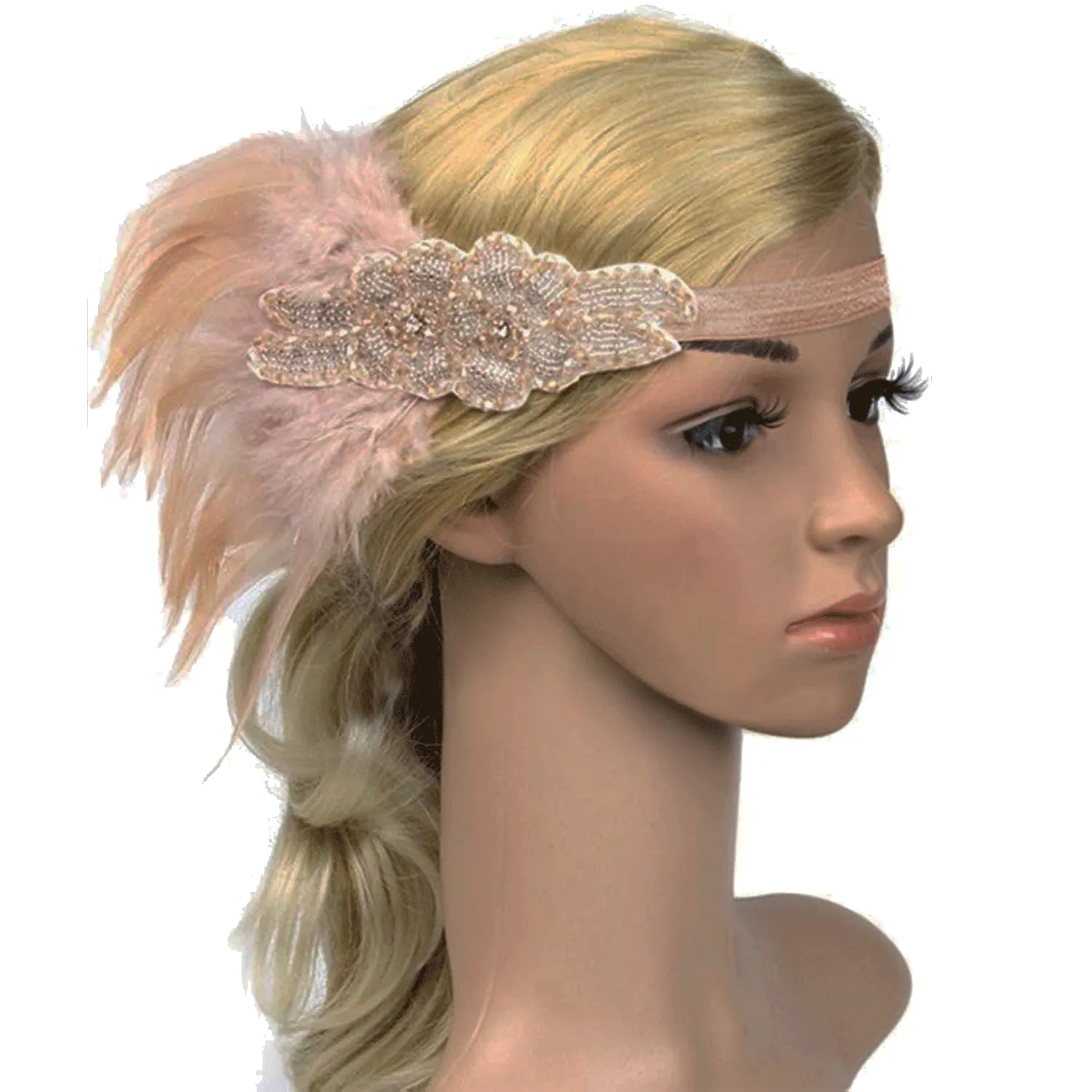 Great Gatsby 1920's Flapper Feather Headdress Fancy Dress - Vintage Pink (Style 7)