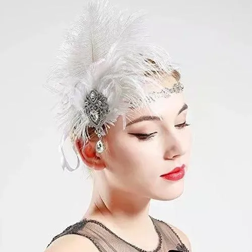 Great Gatsby 1920's Flapper Feather Headdress Fancy Dress - White (Style 17)