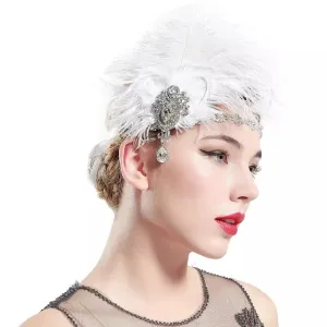 Great Gatsby 1920's Flapper Feather Headdress Fancy Dress - White (Style 17)