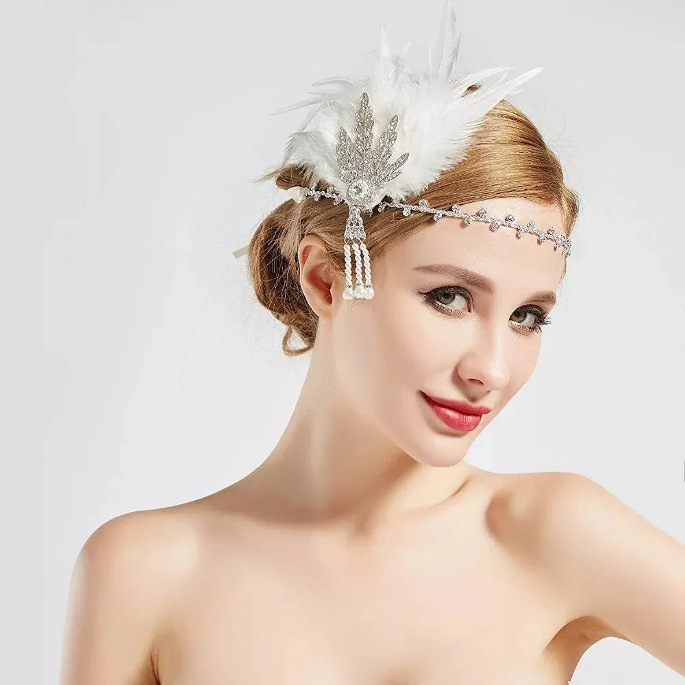 Great Gatsby 1920's Flapper Feather Headdress Fancy Dress - White (Style 19)