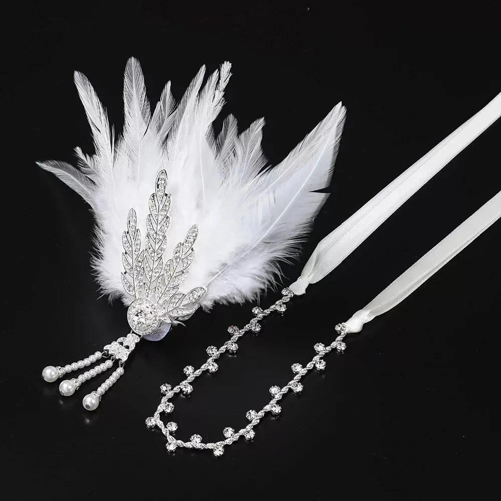 Great Gatsby 1920's Flapper Feather Headdress Fancy Dress - White (Style 19)