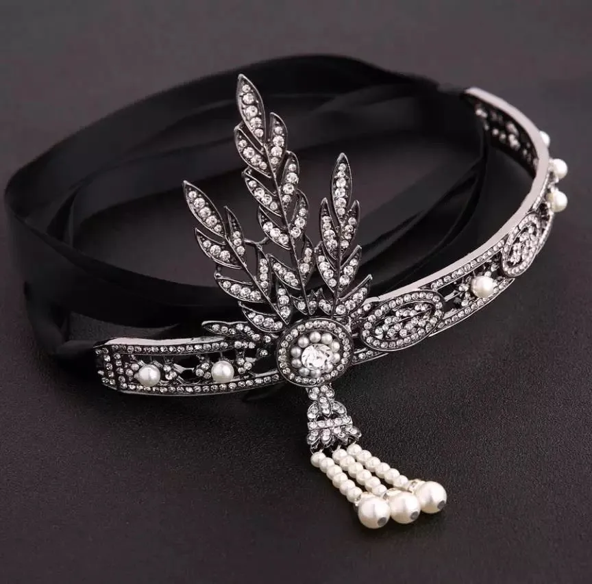 Great Gatsby 1920's Flapper Rhinestone & Pearl Headdress Fancy Dress - Black (Style 1)