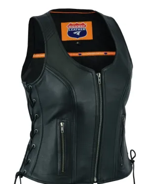 HL14531BLACK Women's Black ‘Open Neck’ Motorcycle Leather Vest with Side Laces