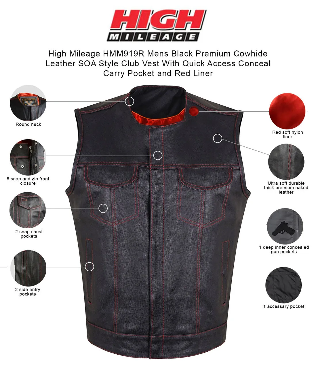 HMM919R High Mileage Men's Zipper and Snap Closure Leather Club Vest Quick Access Gun Pocket w/Red Liner