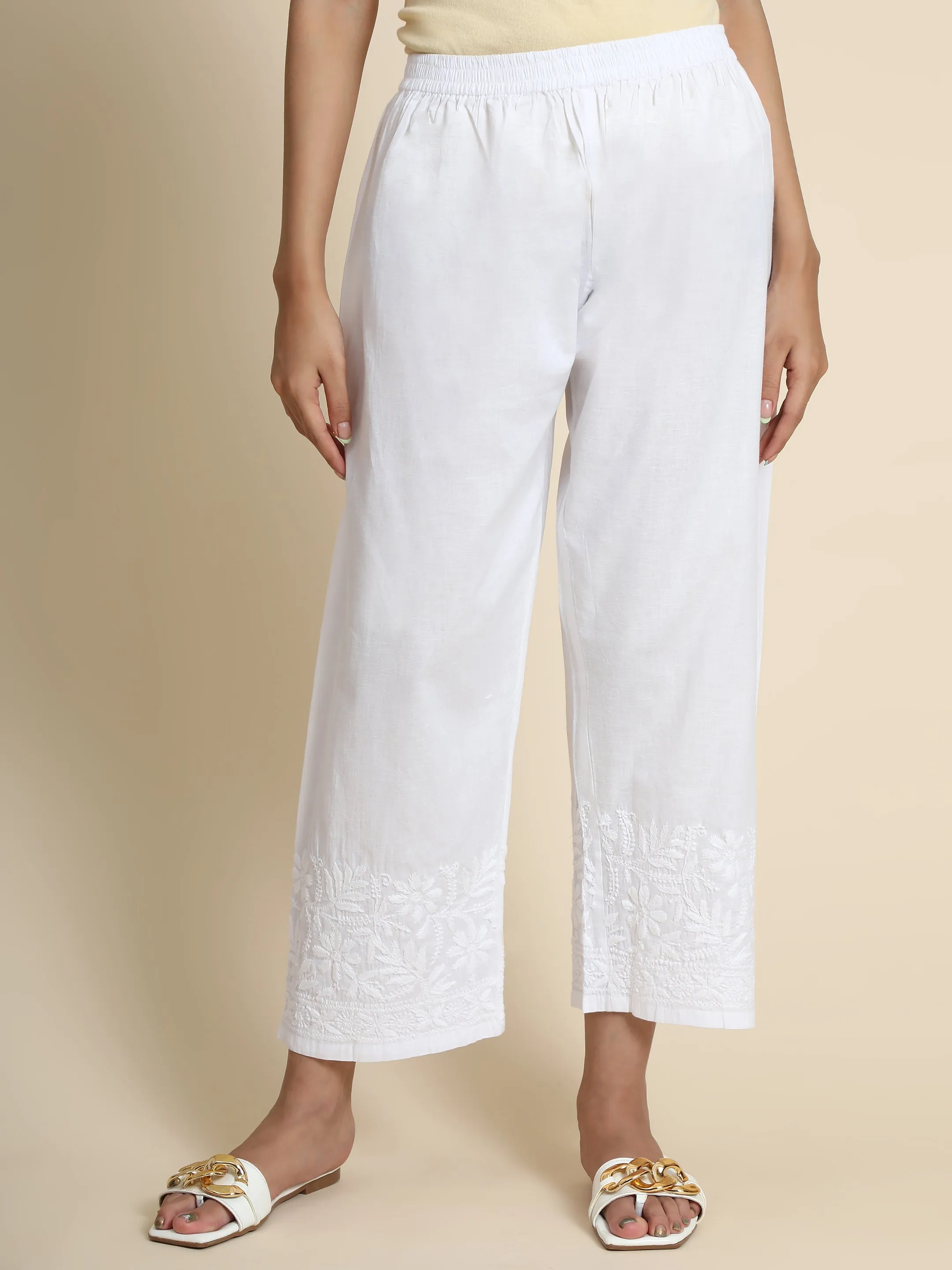 HOK Chikankari Cotton Pant Trouser White