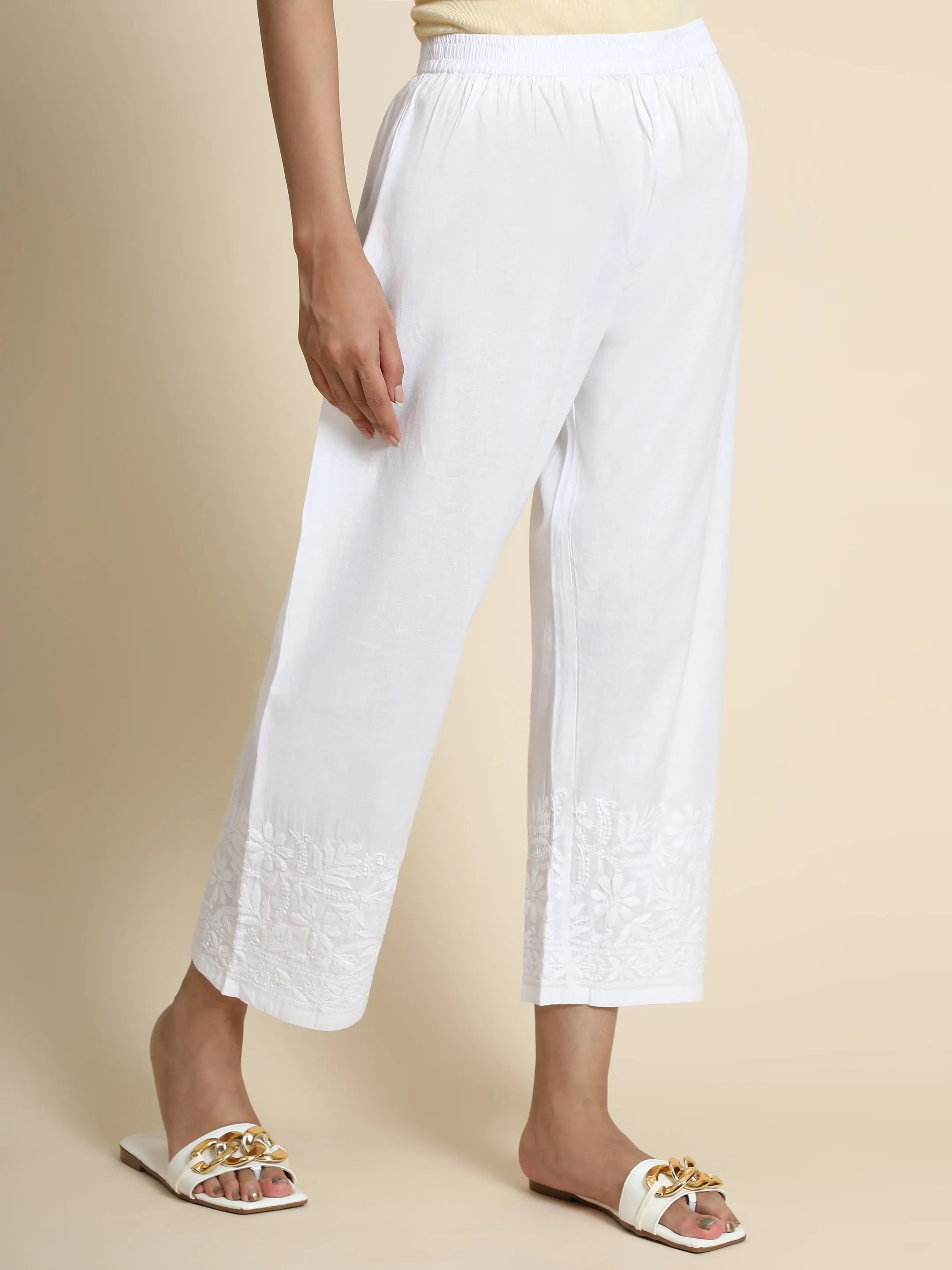 HOK Chikankari Cotton Pant Trouser White