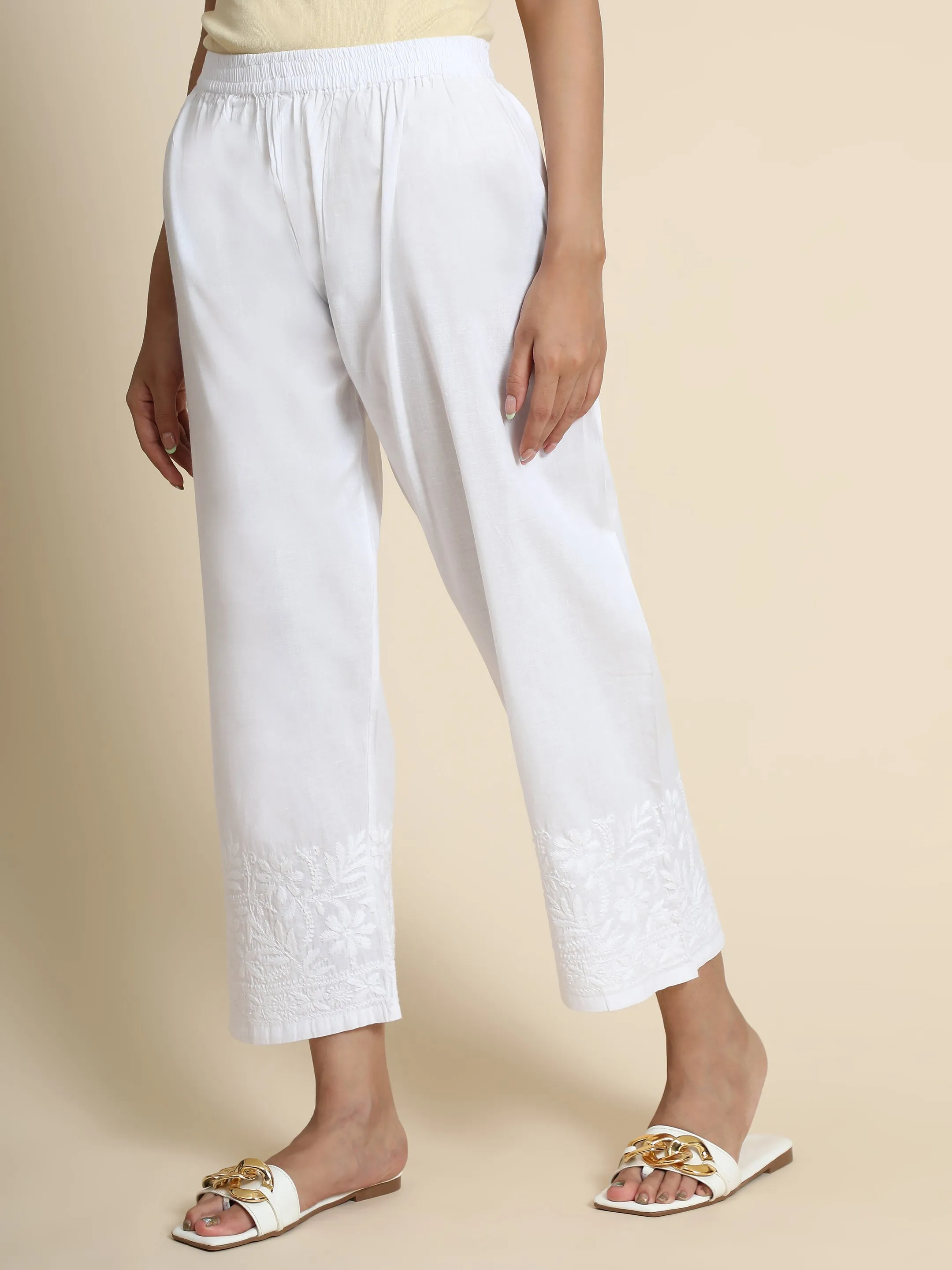 HOK Chikankari Cotton Pant Trouser White