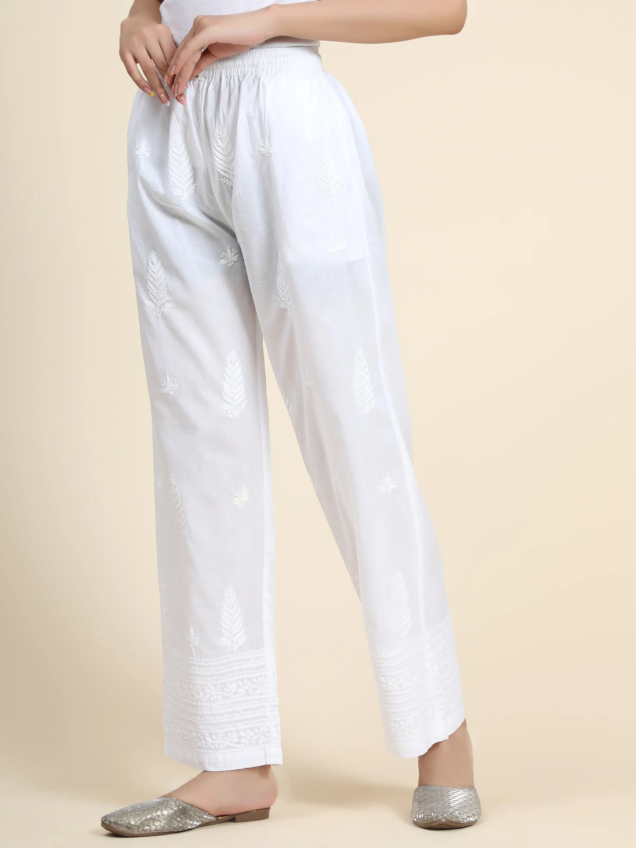 HOK Chikankari Cotton White Pants