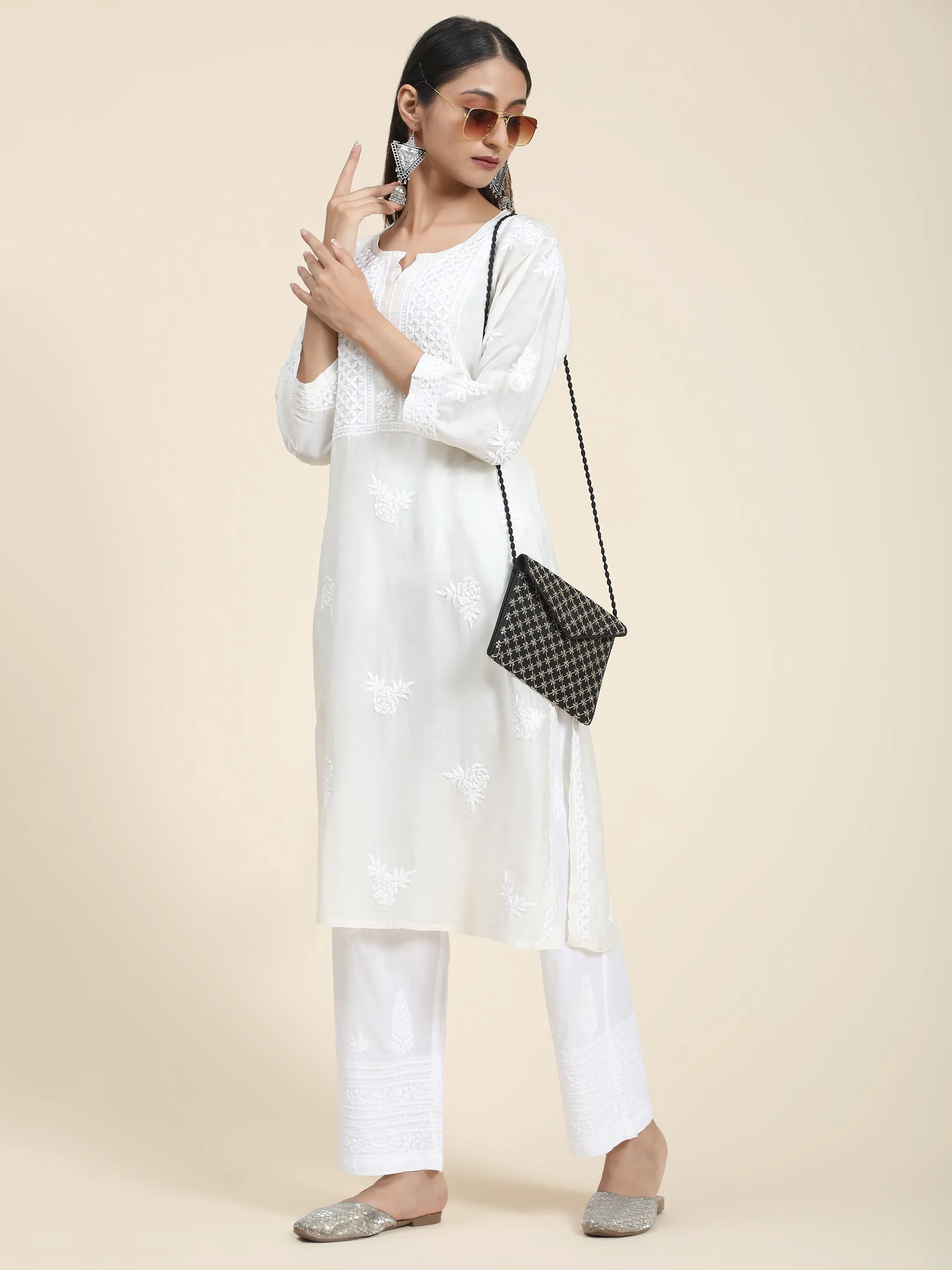 HOK Chikankari Cotton White Pants